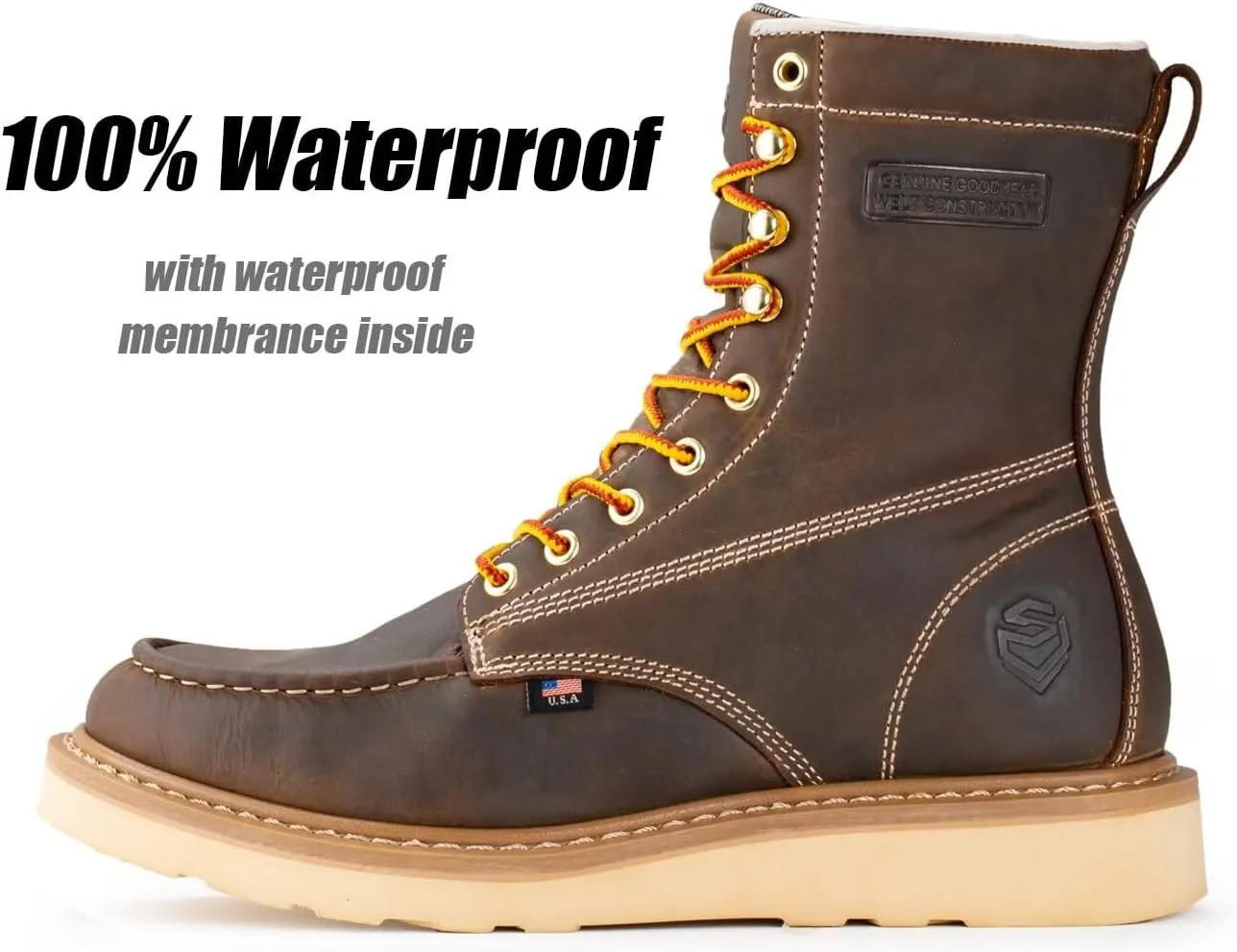 SUREWAY 8in Wedge Moc Toe Work Boots for Men - Soft Toe,Premium Full-Grain Leather,Safety Work Boots/Shoes,Comfort Insole,Oil/Slip Resistant,Real Goodyear,EH Rated Industrial Construction