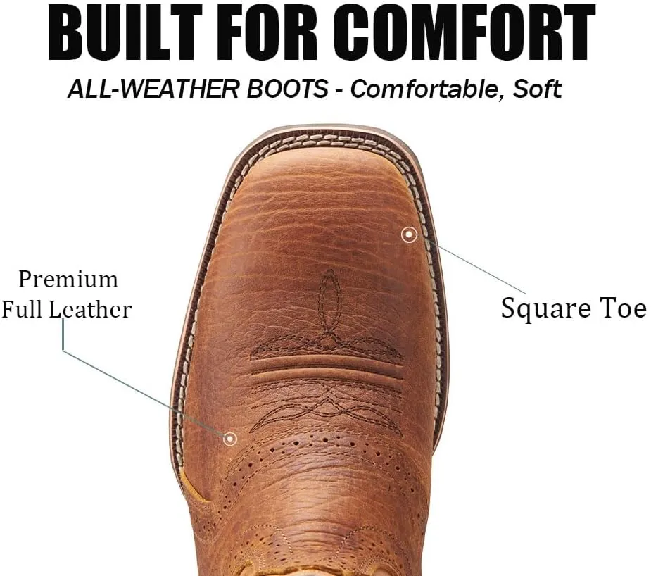SUREWAY Cowboy Boots For Men - Mens Square Toe Western Boot,Oil/Slip Resistant,Durable Fashionable Classic Pull on 10 Inch Wellington Boots - Soft Toe Work Boots