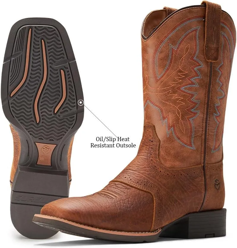 SUREWAY Cowboy Boots For Men - Mens Square Toe Western Boot,Oil/Slip Resistant,Durable Fashionable Classic Pull on 10 Inch Wellington Boots - Soft Toe Work Boots