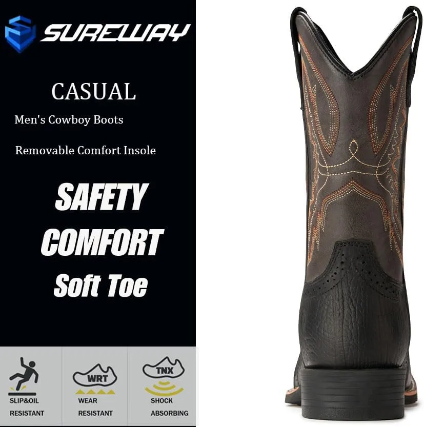 SUREWAY Cowboy Boots For Men - Mens Square Toe Western Boot,Oil/Slip Resistant,Durable Fashionable Classic Pull on 10 Inch Wellington Boots - Soft Toe Work Boots