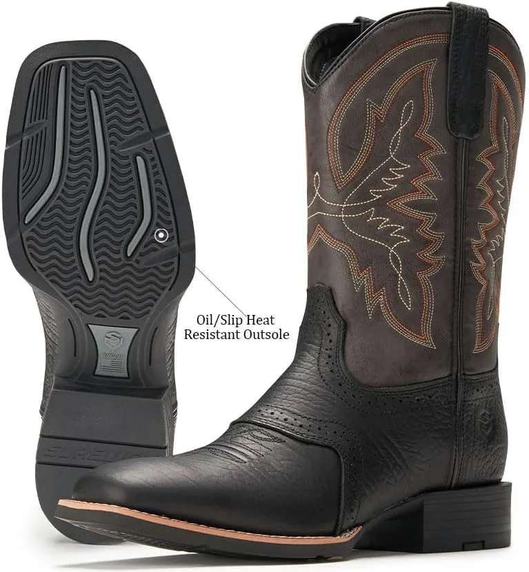 SUREWAY Cowboy Boots For Men - Mens Square Toe Western Boot,Oil/Slip Resistant,Durable Fashionable Classic Pull on 10 Inch Wellington Boots - Soft Toe Work Boots