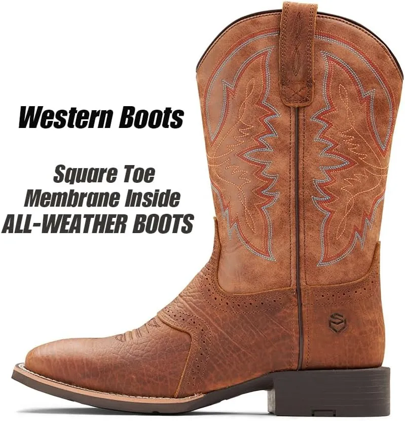 SUREWAY Cowboy Boots For Men - Mens Square Toe Western Boot,Oil/Slip Resistant,Durable Fashionable Classic Pull on 10 Inch Wellington Boots - Soft Toe Work Boots
