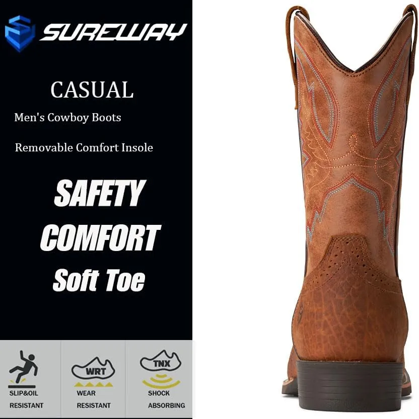 SUREWAY Cowboy Boots For Men - Mens Square Toe Western Boot,Oil/Slip Resistant,Durable Fashionable Classic Pull on 10 Inch Wellington Boots - Soft Toe Work Boots