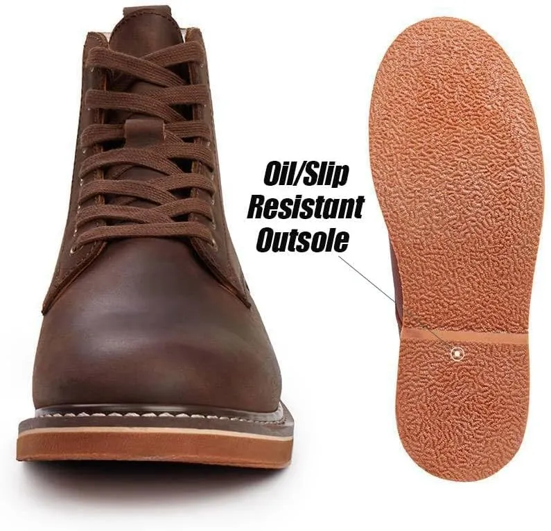 SUREWAY Men's 6" Service Boot,Casual Work Boots, Full-Grain Leather,Comfortable Rubber Outsole,Slip /0il/Acid Resistant Outsole,Removable Memory Foam PU lnsole, Soft toe Brown Work Boots