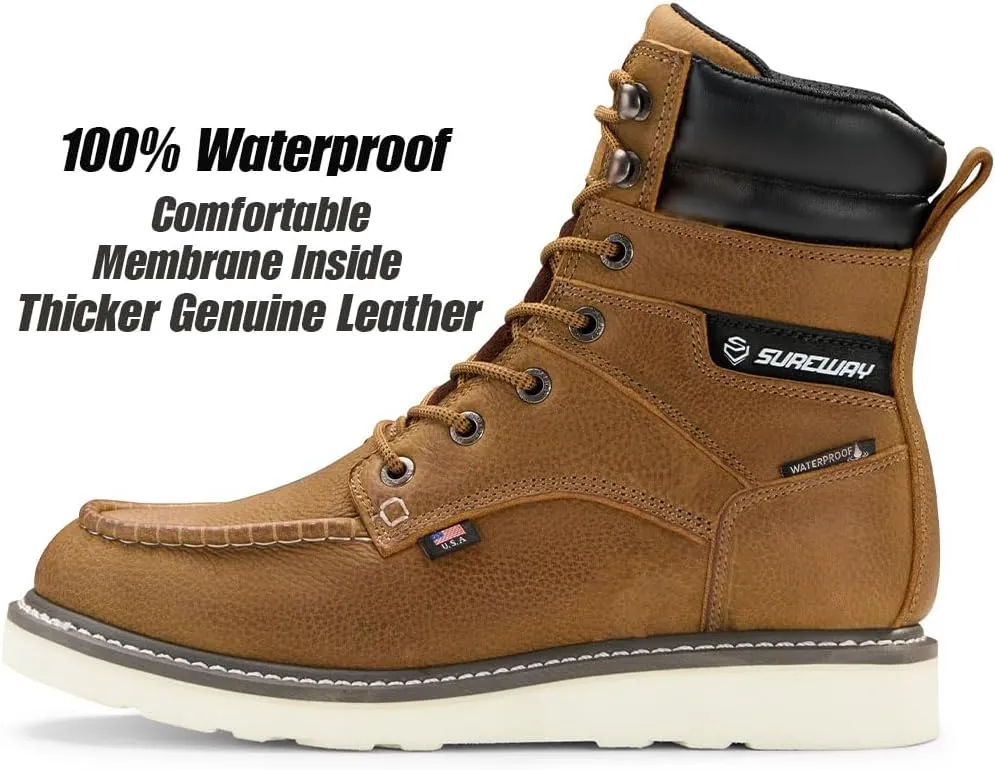SUREWAY Men's 8" Waterproof Soft Toe Work Boots,Construction Industrial Safety Boot,Breathable Leather with Moc Toe,Slip Resistant Wedge Outsole and Comfort Insole,EH Rated,Lace Up,Goodyear Welt