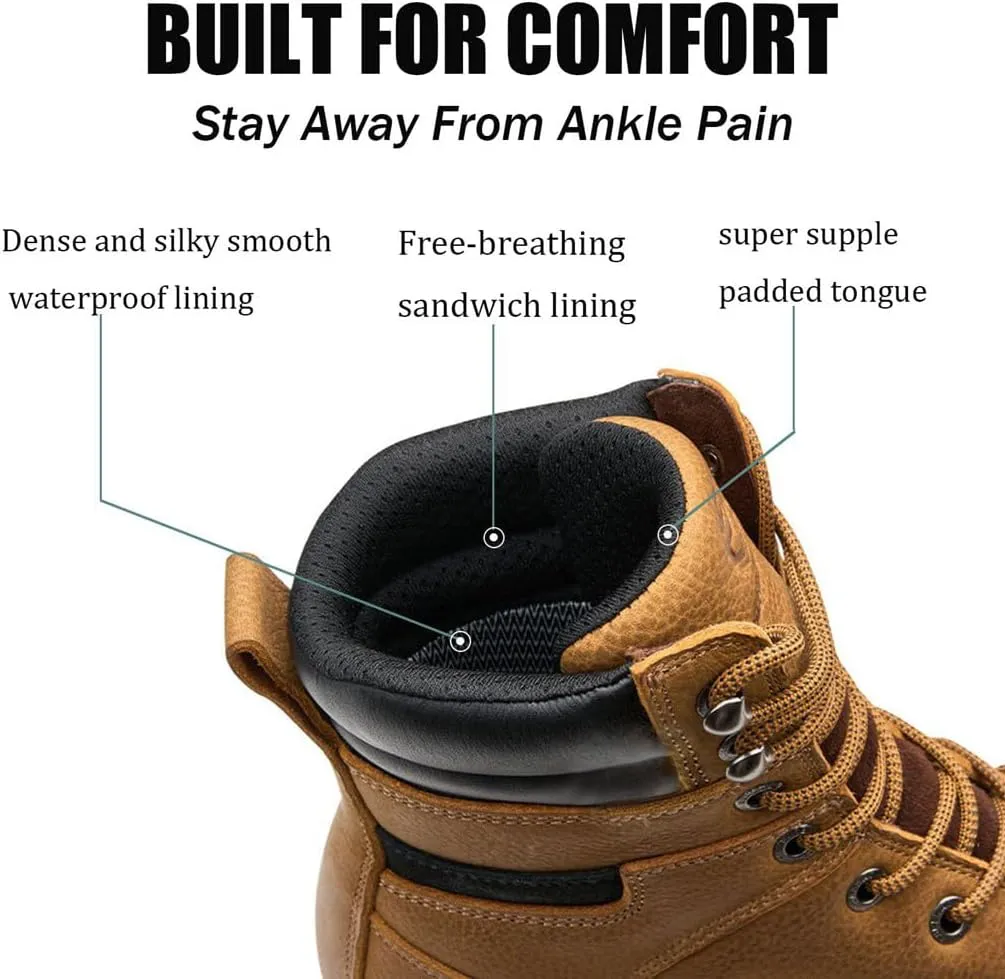 SUREWAY Men's 8" Waterproof Soft Toe Work Boots,Construction Industrial Safety Boot,Breathable Leather with Moc Toe,Slip Resistant Wedge Outsole and Comfort Insole,EH Rated,Lace Up,Goodyear Welt