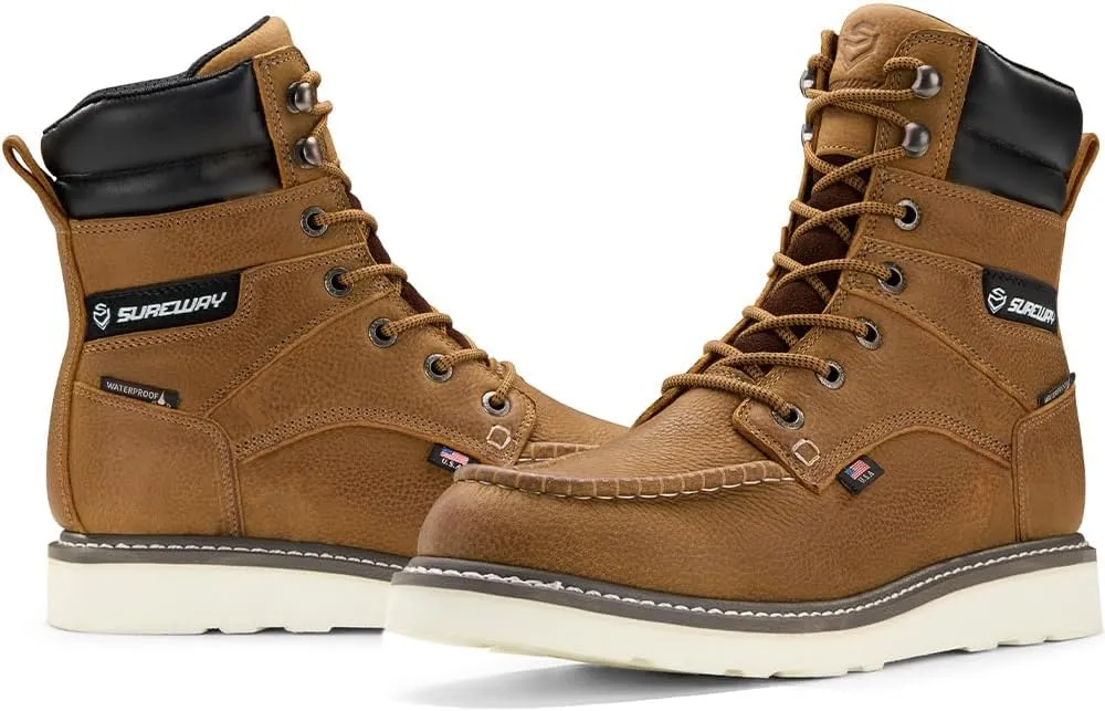 SUREWAY Men's 8" Waterproof Soft Toe Work Boots,Construction Industrial Safety Boot,Breathable Leather with Moc Toe,Slip Resistant Wedge Outsole and Comfort Insole,EH Rated,Lace Up,Goodyear Welt