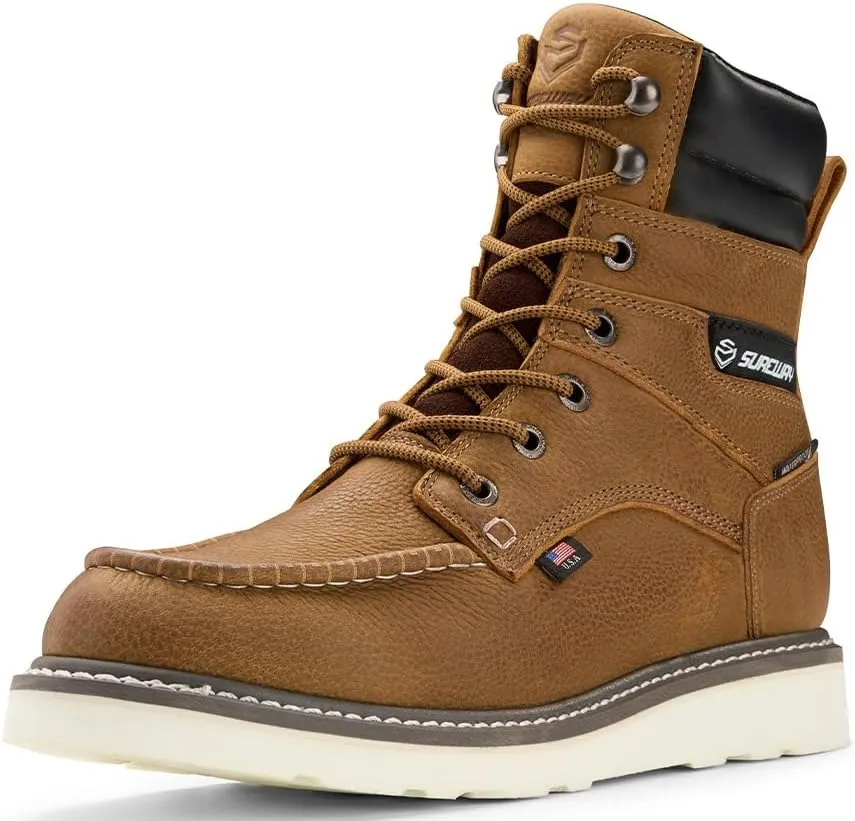 SUREWAY Men's 8" Waterproof Soft Toe Work Boots,Construction Industrial Safety Boot,Breathable Leather with Moc Toe,Slip Resistant Wedge Outsole and Comfort Insole,EH Rated,Lace Up,Goodyear Welt