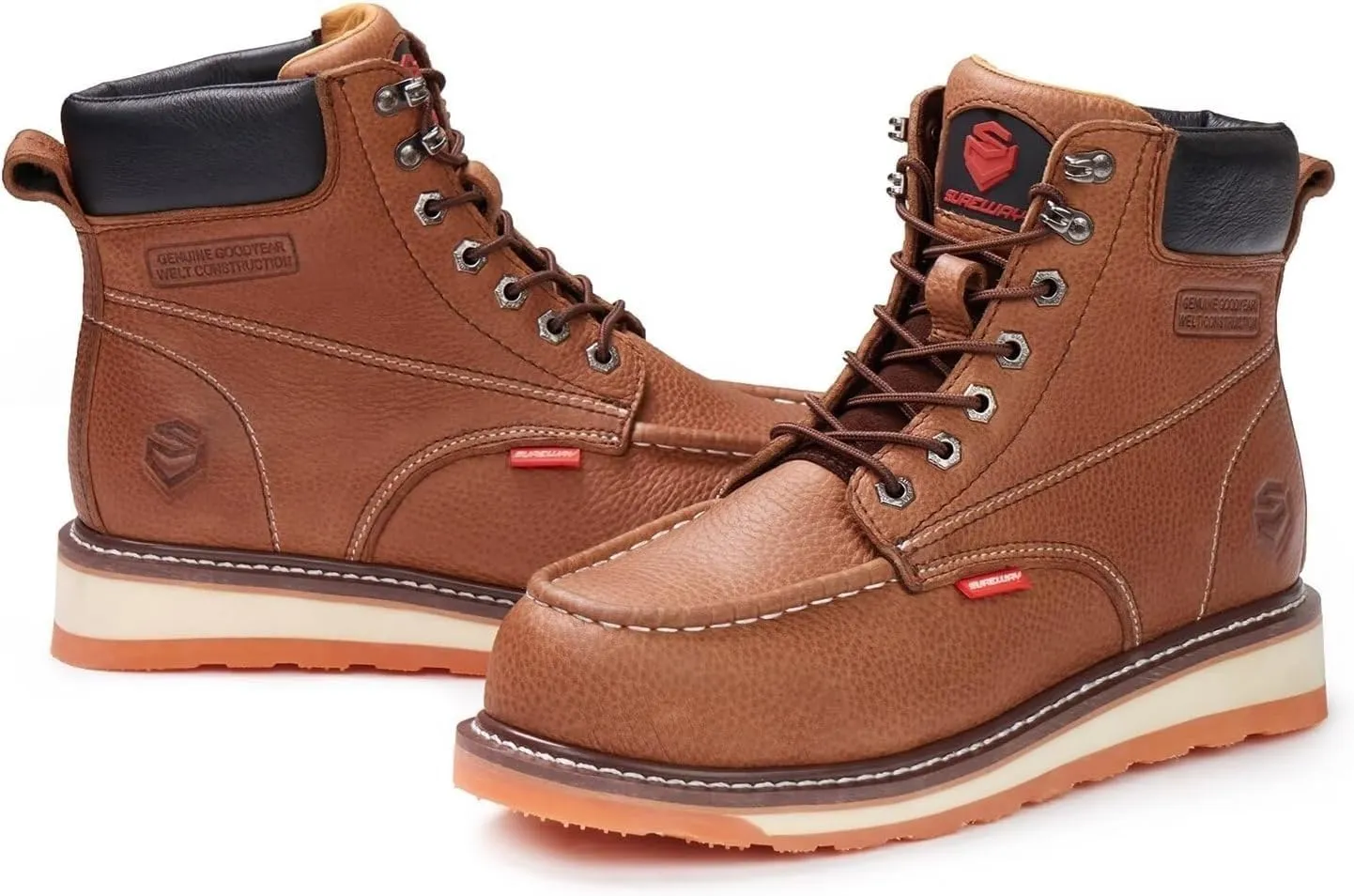SUREWAY Mens Heavy Duty Soft/Composite/Steel Toe Work Boots for Men-Comfortable,Goodyear Welt,Full Grain Leather,6 in Wedge Moc Toe Construction Boots/Shoes