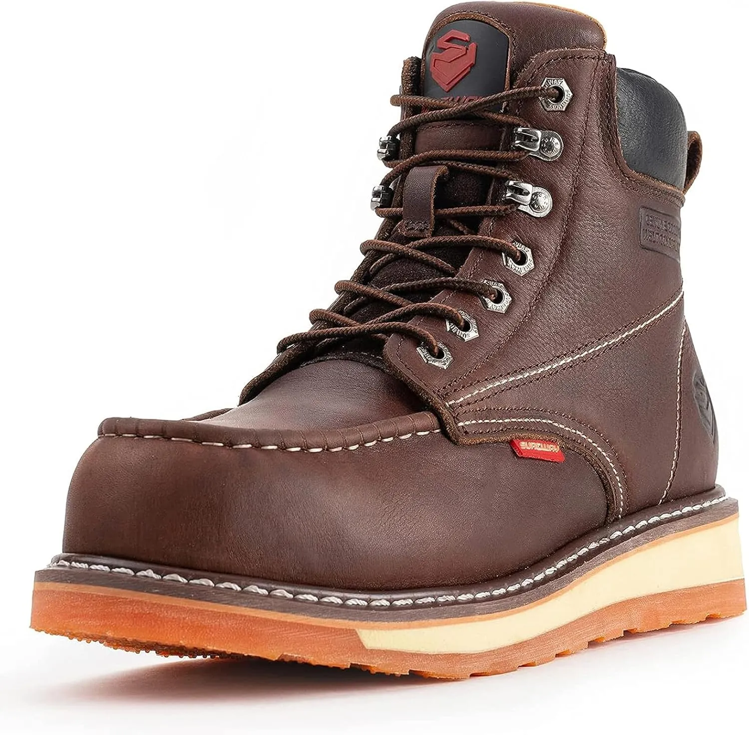 SUREWAY Mens Heavy Duty Soft/Composite/Steel Toe Work Boots for Men-Comfortable,Goodyear Welt,Full Grain Leather,6 in Wedge Moc Toe Construction Boots/Shoes,Waterproof Soft Toe Dark Brown,Size 7.5