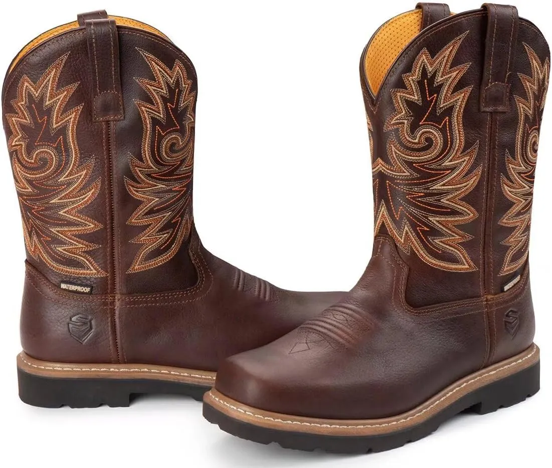 SUREWAY Men's Western Cowboy Boots-Soft Toe,Waterproof Square Toe Work Boots for Men,Comfortable & Durable,Oil/Slip Resistant,Thicker Leather,Rubber Sole,Work Shoes With Embroidered