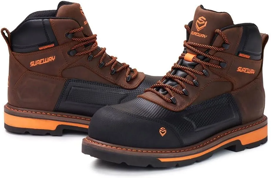SUREWAY Soft Toe Heavy Duty Waterproof Work Boot, Men’s 6" Goodyear Welt Oil/Slip Resistant Dual-Density Comfortable Outsole Leather Construction Industrial Safety Lace Up Work Boots - Brown