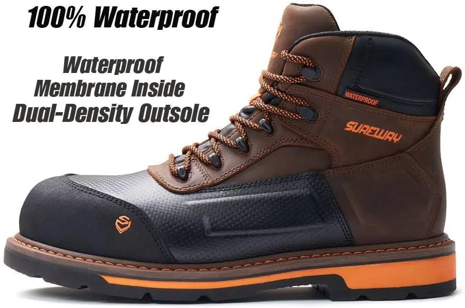 SUREWAY Soft Toe Heavy Duty Waterproof Work Boot, Men’s 6" Goodyear Welt Oil/Slip Resistant Dual-Density Comfortable Outsole Leather Construction Industrial Safety Lace Up Work Boots - Brown