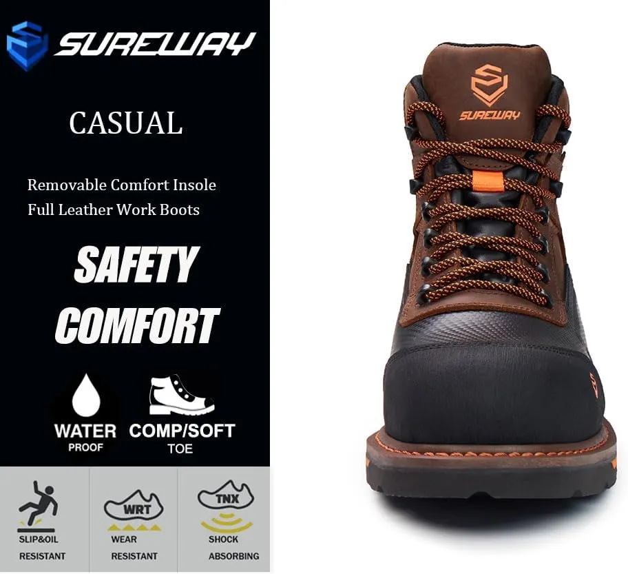 SUREWAY Soft Toe Heavy Duty Waterproof Work Boot, Men’s 6" Goodyear Welt Oil/Slip Resistant Dual-Density Comfortable Outsole Leather Construction Industrial Safety Lace Up Work Boots - Brown