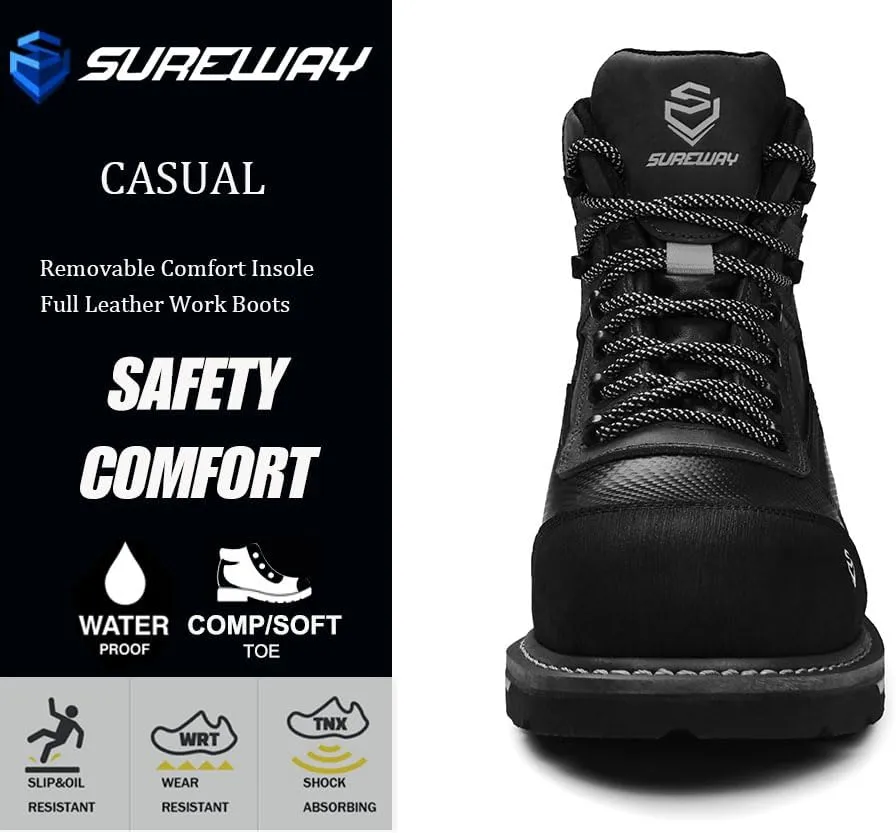 SUREWAY Soft Toe Heavy Duty Waterproof Work Boot, Men’s 6" Goodyear Welt Oil/Slip Resistant Dual-Density Comfortable Outsole Leather Construction Industrial Safety Lace Up Work Boots - Brown