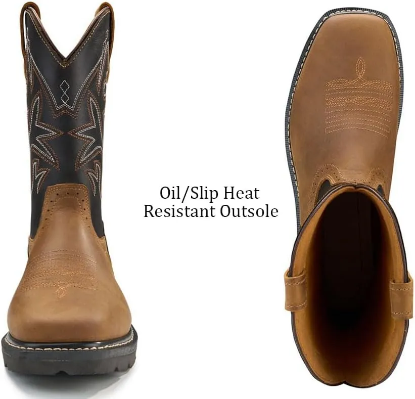 SUREWAY Western Boots - Men’s Square Toe Work Boot,Pull On Leather Wellington Boots,Durable Classic Slip Resistant Soft Toe Cowboy Boot