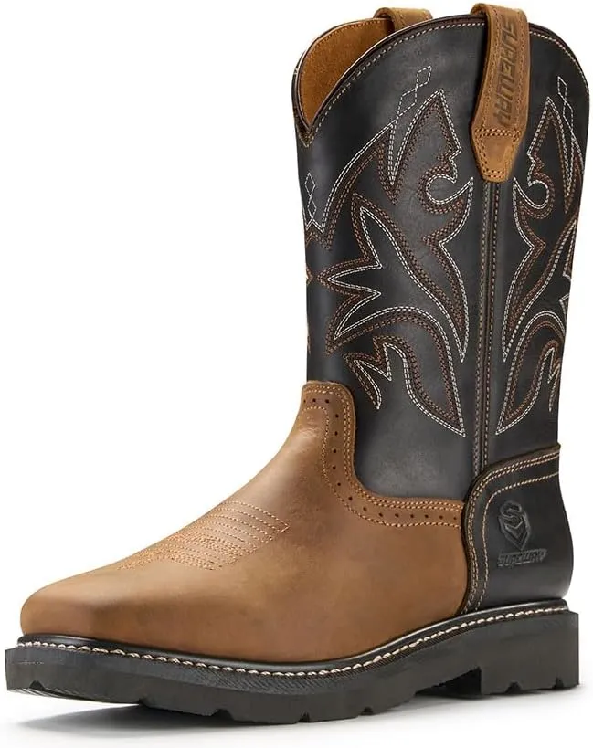 SUREWAY Western Boots - Men’s Square Toe Work Boot,Pull On Leather Wellington Boots,Durable Classic Slip Resistant Soft Toe Cowboy Boot