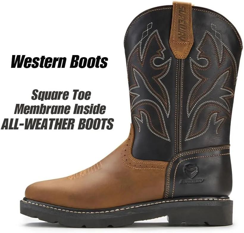 SUREWAY Western Boots - Men’s Square Toe Work Boot,Pull On Leather Wellington Boots,Durable Classic Slip Resistant Soft Toe Cowboy Boot