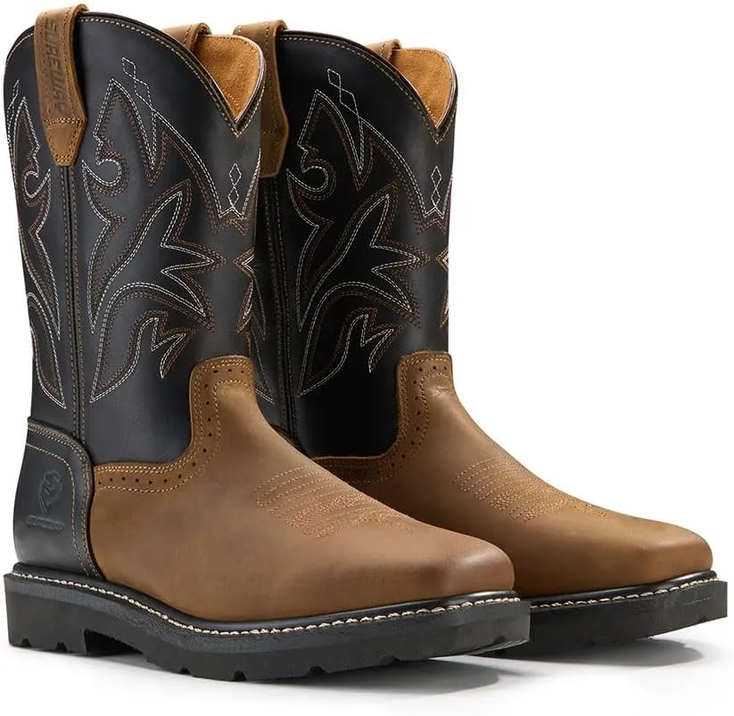 SUREWAY Western Boots - Men’s Square Toe Work Boot,Pull On Leather Wellington Boots,Durable Classic Slip Resistant Soft Toe Cowboy Boot