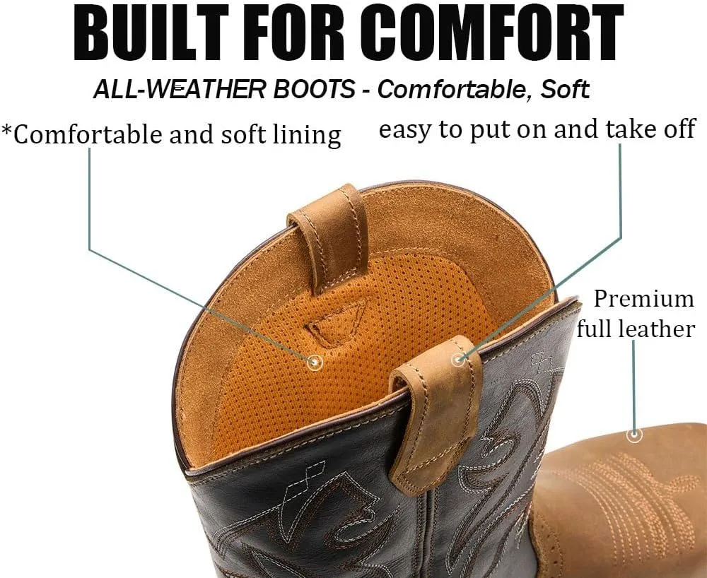 SUREWAY Western Boots - Men’s Square Toe Work Boot,Pull On Leather Wellington Boots,Durable Classic Slip Resistant Soft Toe Cowboy Boot
