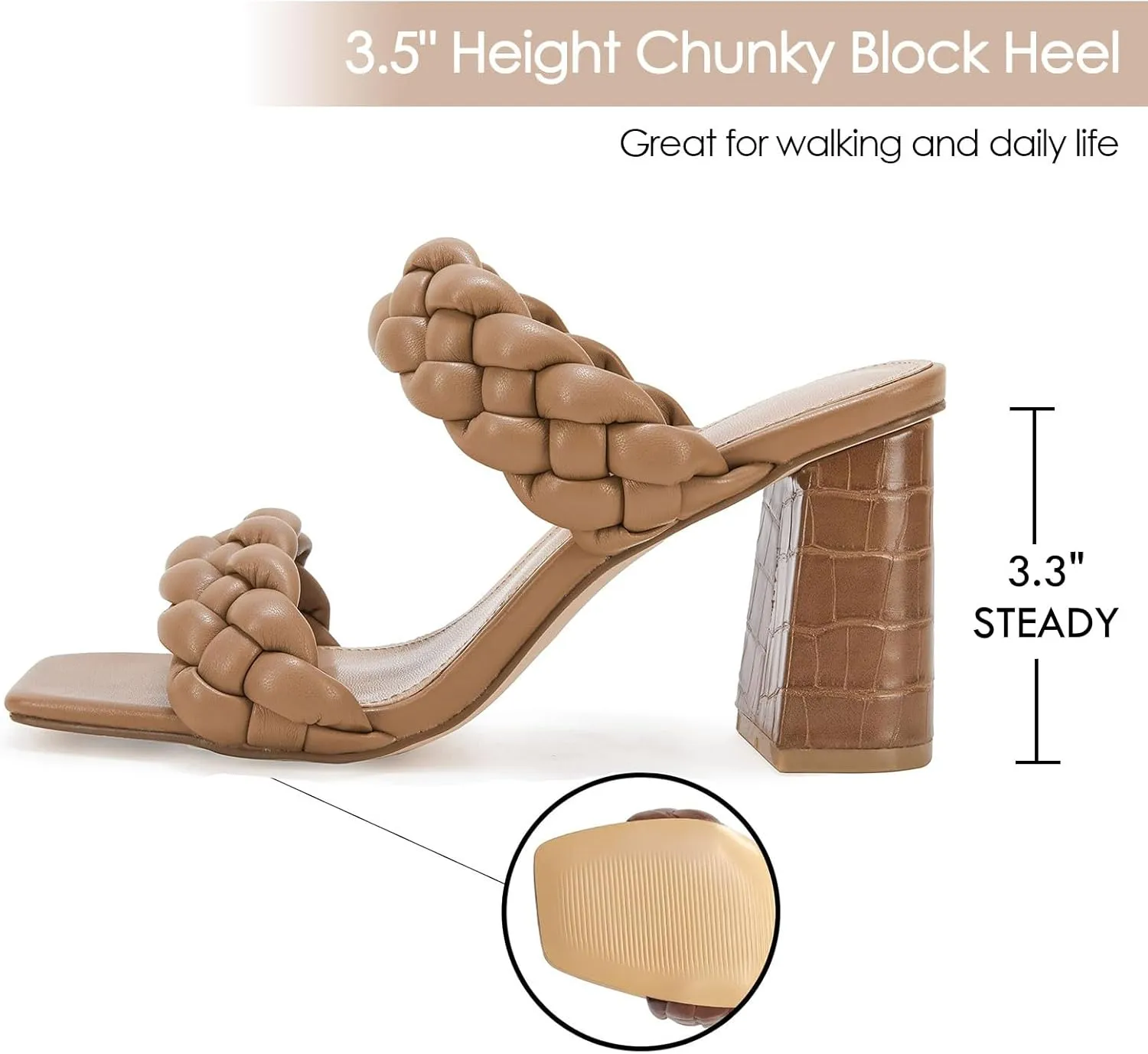 Syktkmx Women's Braided Heeled Sandals Backless Square Open Toe Block Slide Sandals