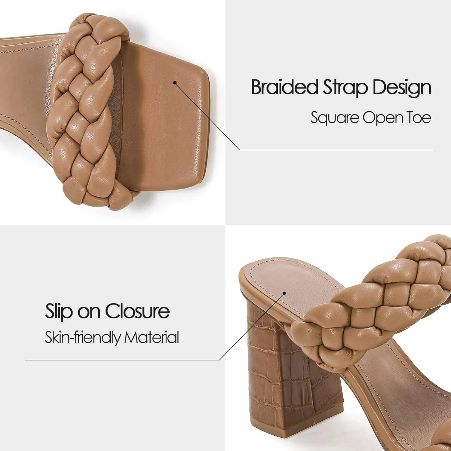 Syktkmx Women's Braided Heeled Sandals Backless Square Open Toe Block Slide Sandals
