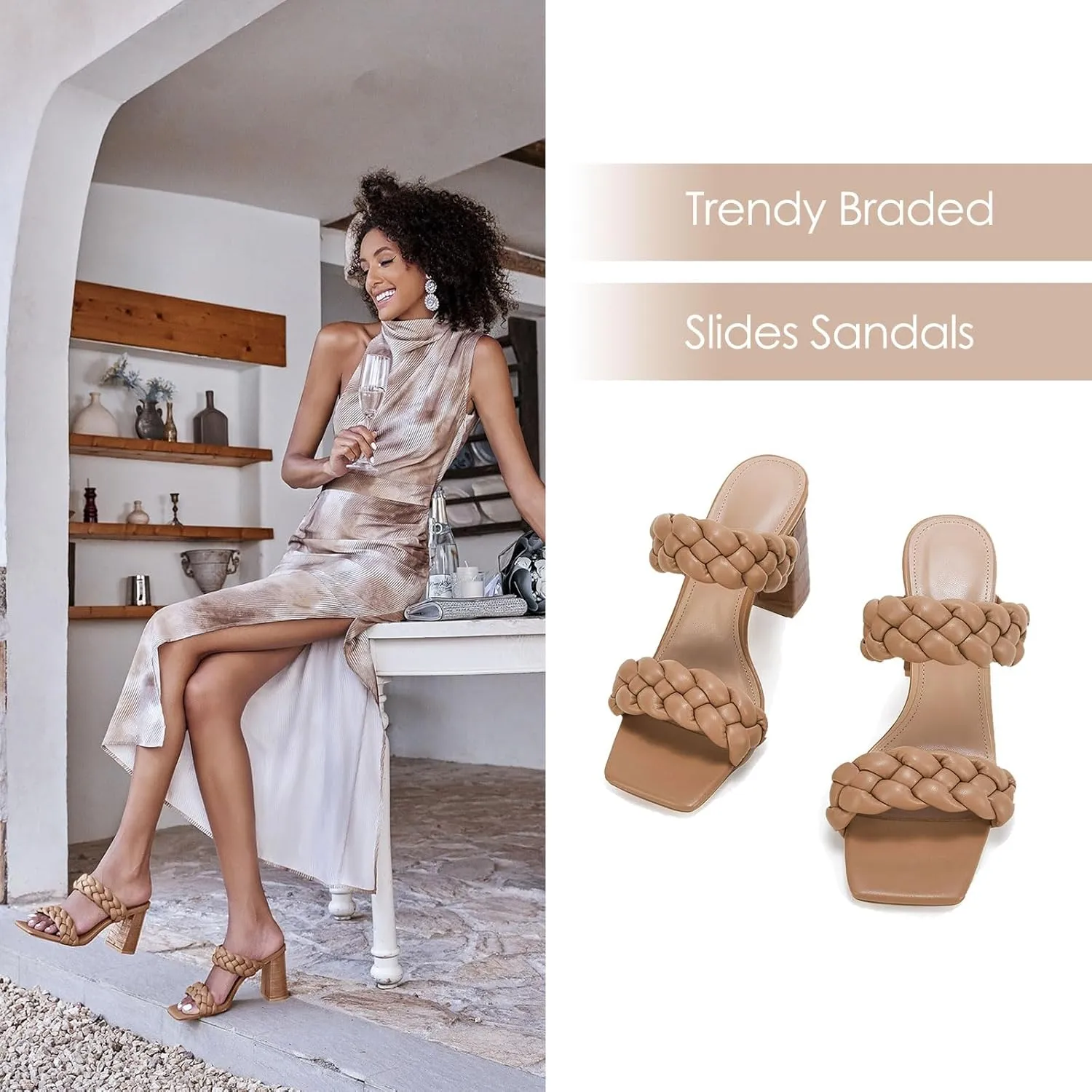 Syktkmx Women's Braided Heeled Sandals Backless Square Open Toe Block Slide Sandals