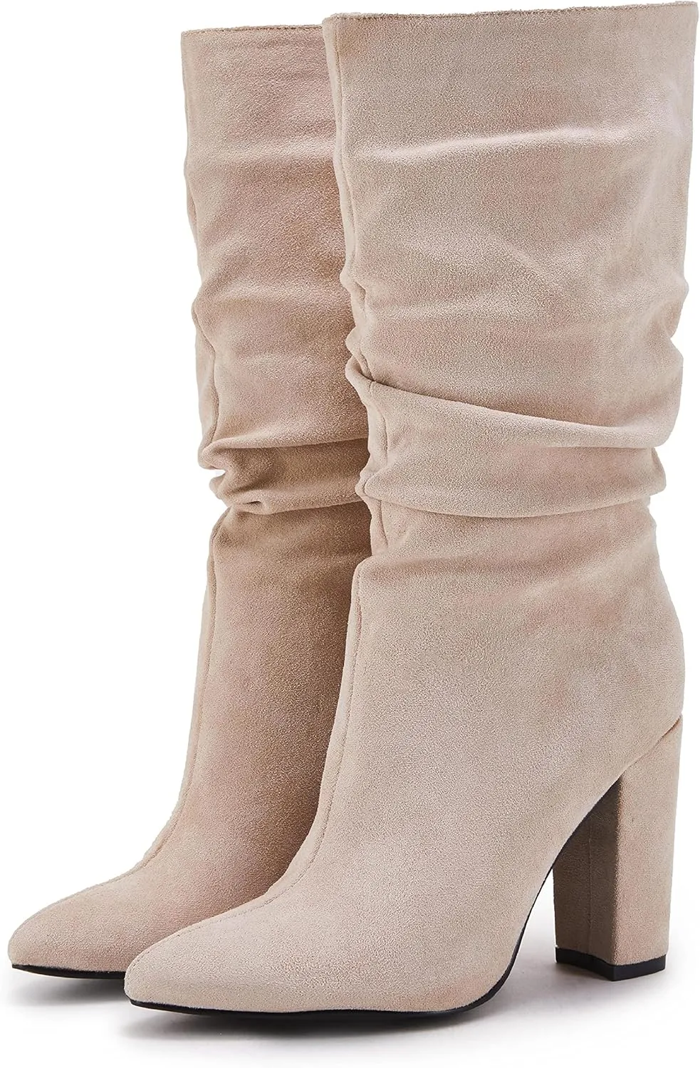 Syktkmx Womens Winter Slouchy High Heel Boots Mid Calf Suede Slip on Chunky Block Pointed Toe Boots