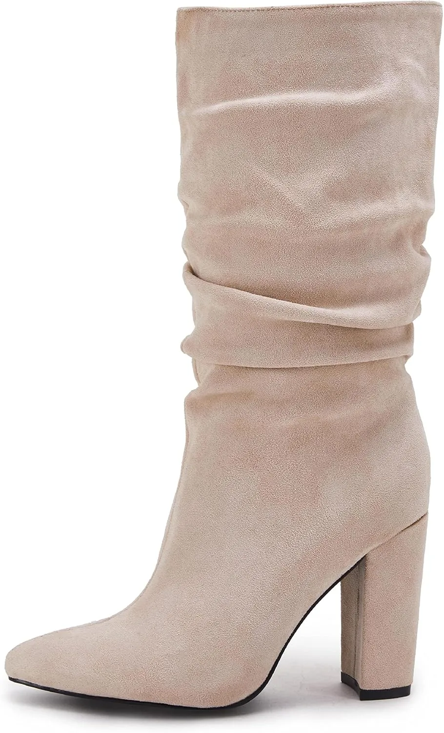 Syktkmx Womens Winter Slouchy High Heel Boots Mid Calf Suede Slip on Chunky Block Pointed Toe Boots