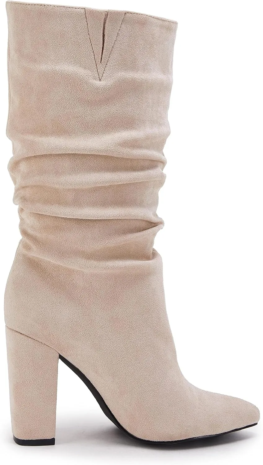 Syktkmx Womens Winter Slouchy High Heel Boots Mid Calf Suede Slip on Chunky Block Pointed Toe Boots