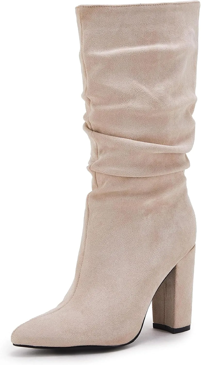 Syktkmx Womens Winter Slouchy High Heel Boots Mid Calf Suede Slip on Chunky Block Pointed Toe Boots