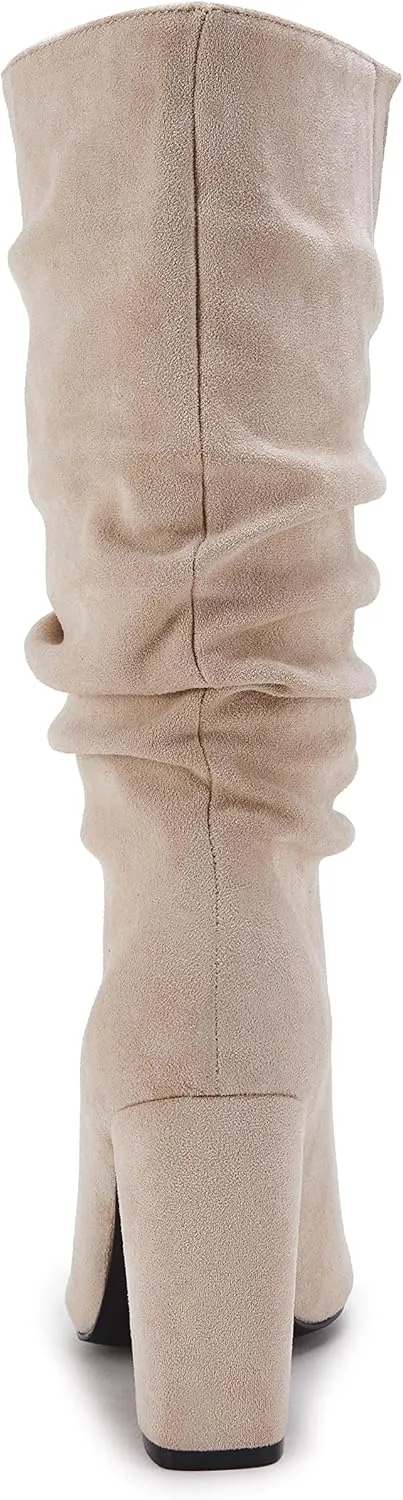 Syktkmx Womens Winter Slouchy High Heel Boots Mid Calf Suede Slip on Chunky Block Pointed Toe Boots
