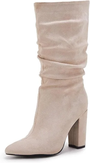 Syktkmx Womens Winter Slouchy High Heel Boots Mid Calf Suede Slip on Chunky Block Pointed Toe Boots