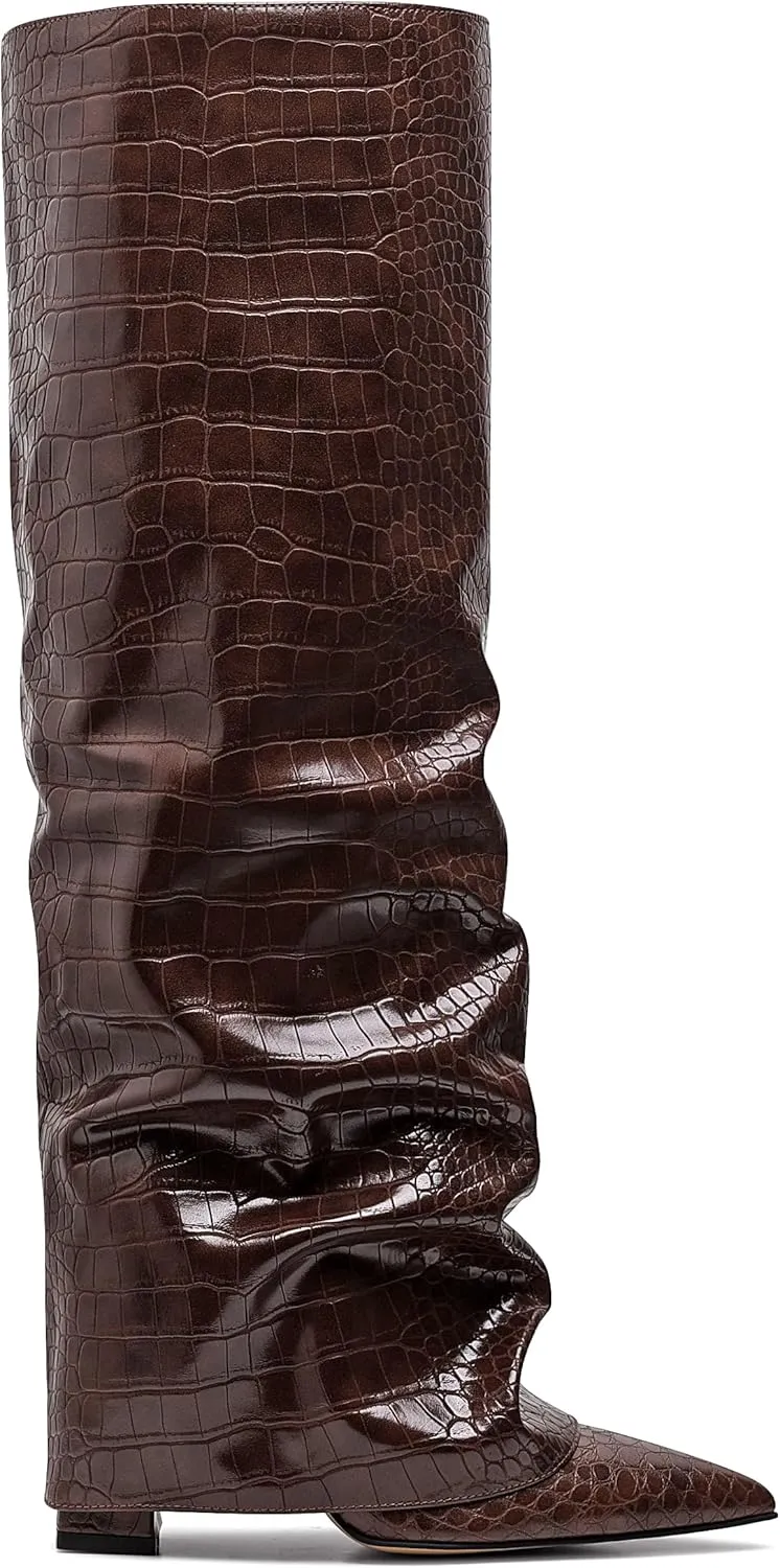 Synchoiss Womens Knee High Boots Wide Calf Chunky High Heel Boots Fashion Fold Over Leather Boots Pointed Toe Rubber Sole Winter Fall Boots Tall Boots for Women Pull on Trendy