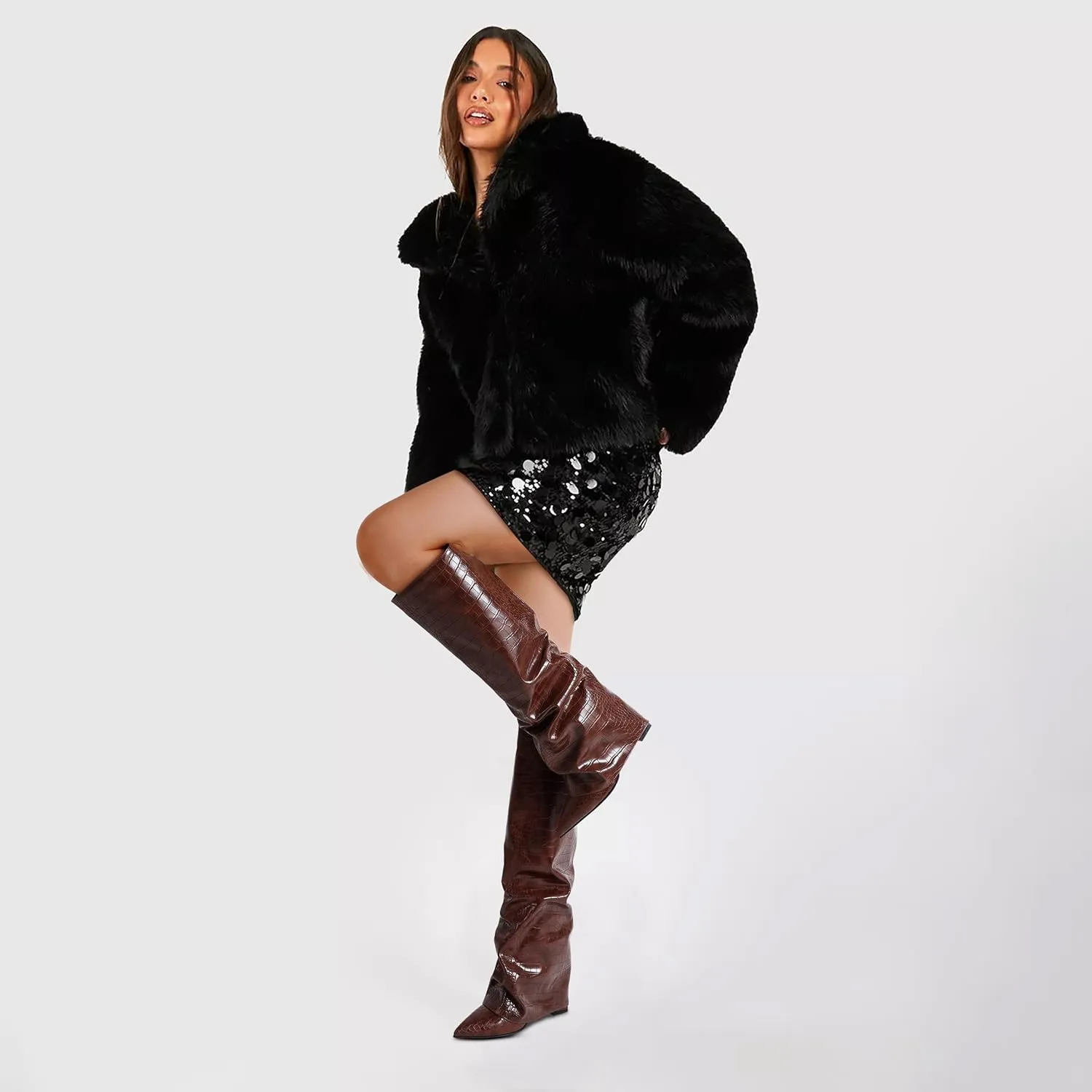 Synchoiss Womens Knee High Boots Wide Calf Chunky High Heel Boots Fashion Fold Over Leather Boots Pointed Toe Rubber Sole Winter Fall Boots Tall Boots for Women Pull on Trendy