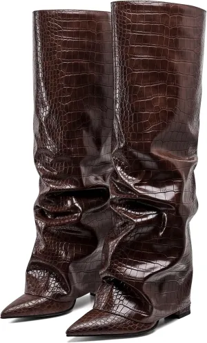 Synchoiss Womens Knee High Boots Wide Calf Chunky High Heel Boots Fashion Fold Over Leather Boots Pointed Toe Rubber Sole Winter Fall Boots Tall Boots for Women Pull on Trendy