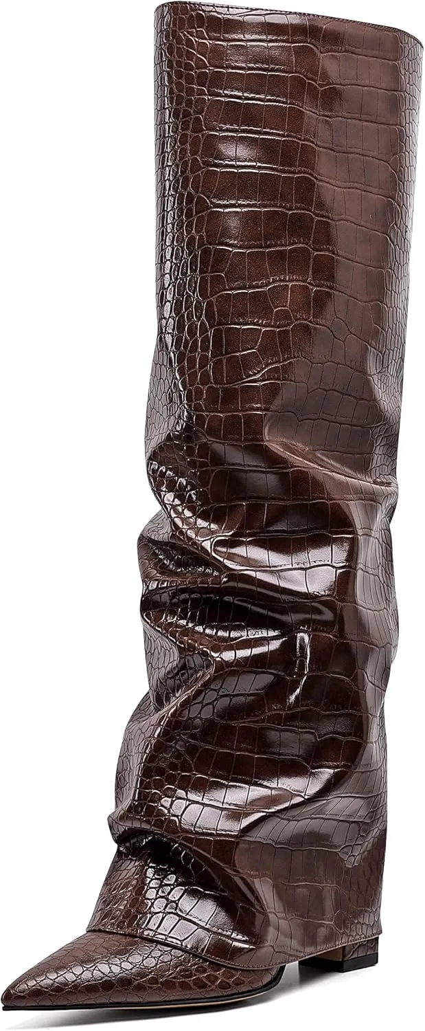 Synchoiss Womens Knee High Boots Wide Calf Chunky High Heel Boots Fashion Fold Over Leather Boots Pointed Toe Rubber Sole Winter Fall Boots Tall Boots for Women Pull on Trendy