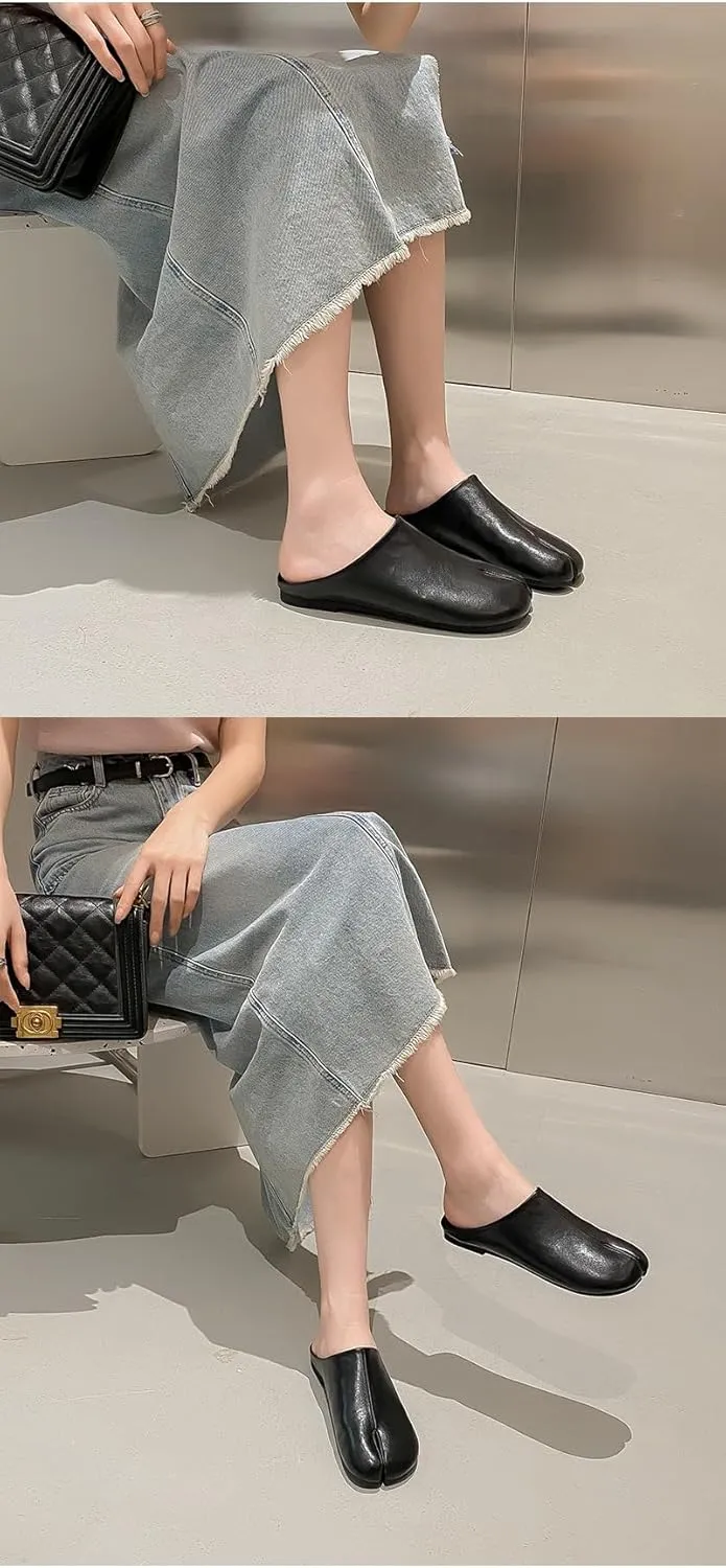 Tabi Shoes Leather Split Toe Cute Slip On for Women Girls - Retro Trendy Casual Slippers Comfortable Walking Lightweight Loafers Female Solid All-Match for Daily Wear Beach Travel Standing All Day