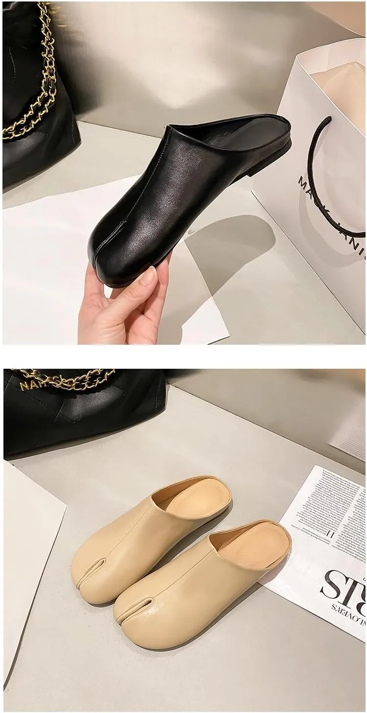 Tabi Shoes Leather Split Toe Cute Slip On for Women Girls - Retro Trendy Casual Slippers Comfortable Walking Lightweight Loafers Female Solid All-Match for Daily Wear Beach Travel Standing All Day