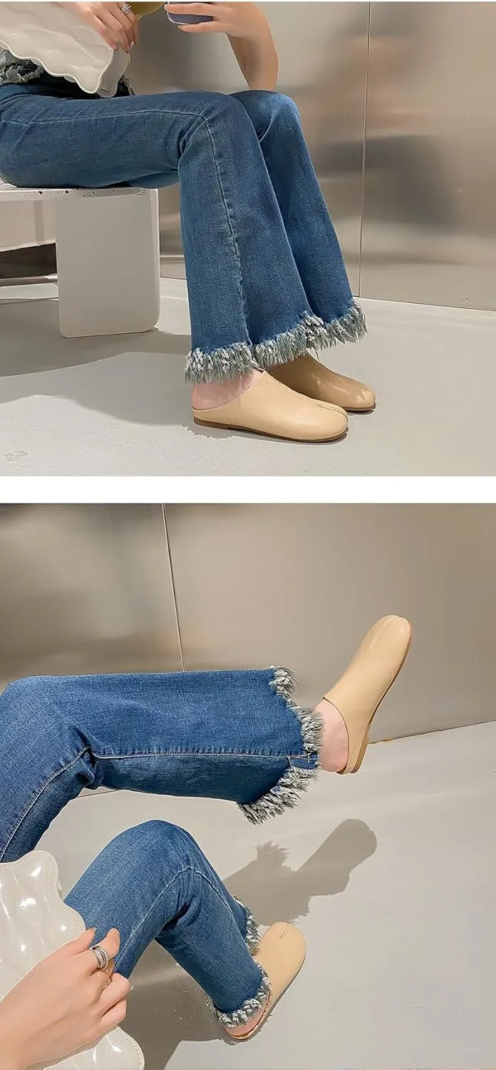 Tabi Shoes Leather Split Toe Cute Slip On for Women Girls - Retro Trendy Casual Slippers Comfortable Walking Lightweight Loafers Female Solid All-Match for Daily Wear Beach Travel Standing All Day