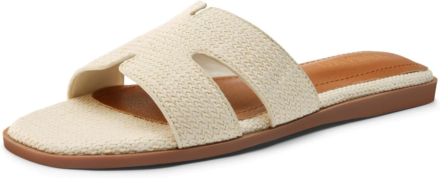 Tanamo Women's Slide Sandals, Comfortable Flats Summer Dressy Casual Beach Open Toe Shoes Slip On Leather Flat Sandals