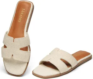 Tanamo Women's Slide Sandals, Comfortable Flats Summer Dressy Casual Beach Open Toe Shoes Slip On Leather Flat Sandals