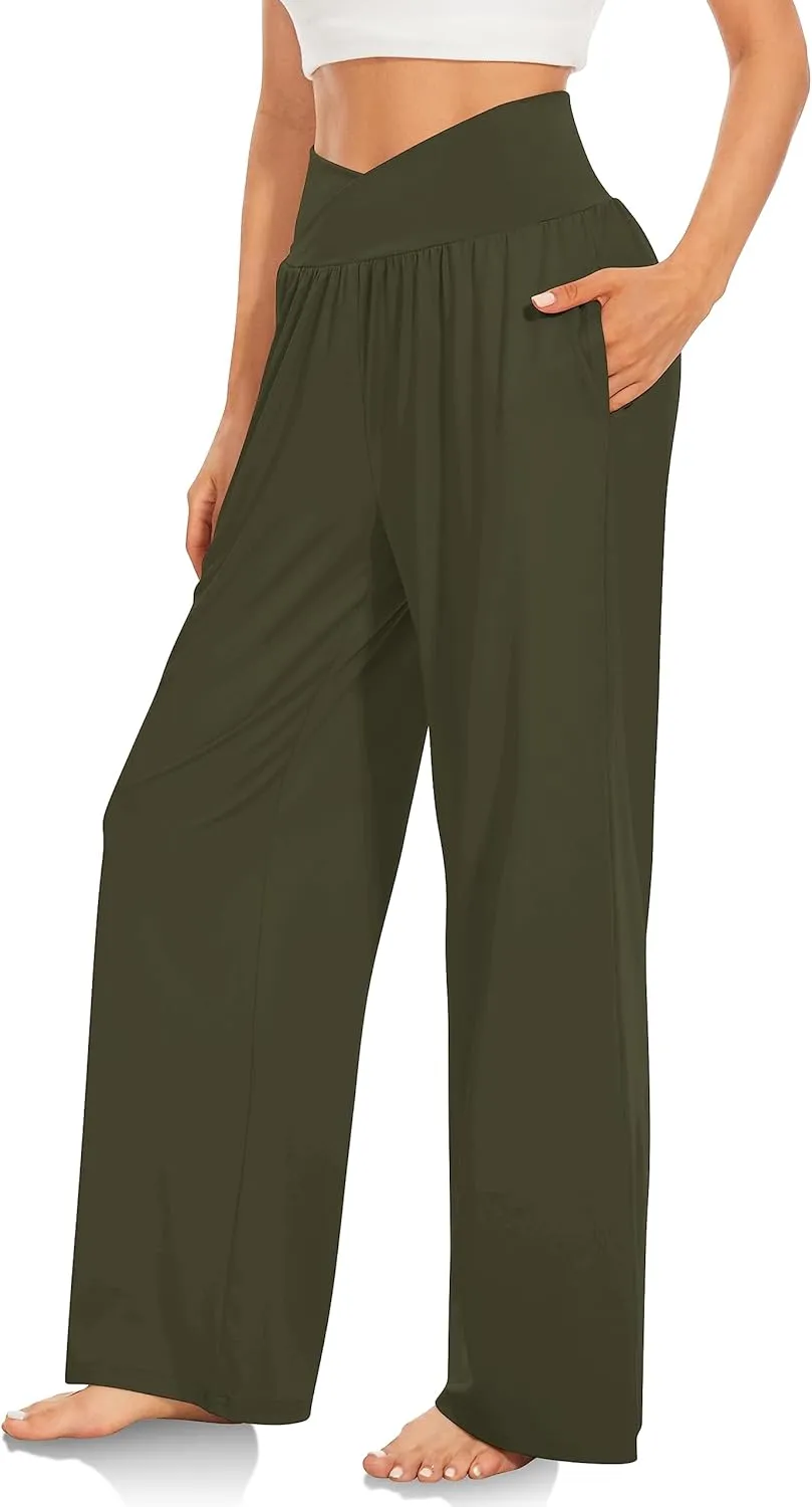 TARSE Women's Wide Leg Casual Loose Pants Yoga Sweatpants Comfy Crossover High Waisted Lounge Pajama Flowy Pants with Pockets