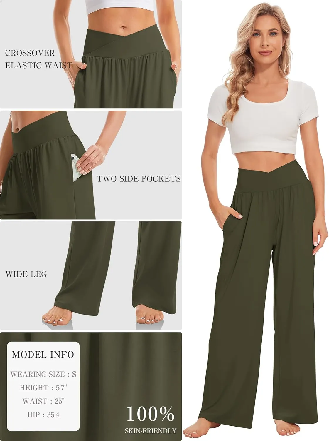 TARSE Women's Wide Leg Casual Loose Pants Yoga Sweatpants Comfy Crossover High Waisted Lounge Pajama Flowy Pants with Pockets