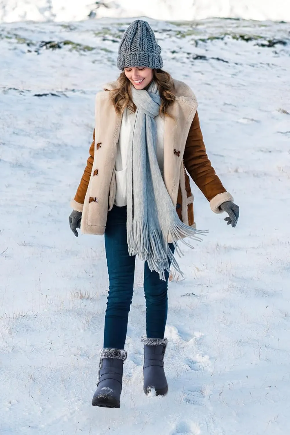 TEMOFON Women Winter Boots Waterproof: Fur Lined Ankle Booties, Wide Width Snow Boots, Warm Comfy, Walking Soft Winter Shoes Size 5-11