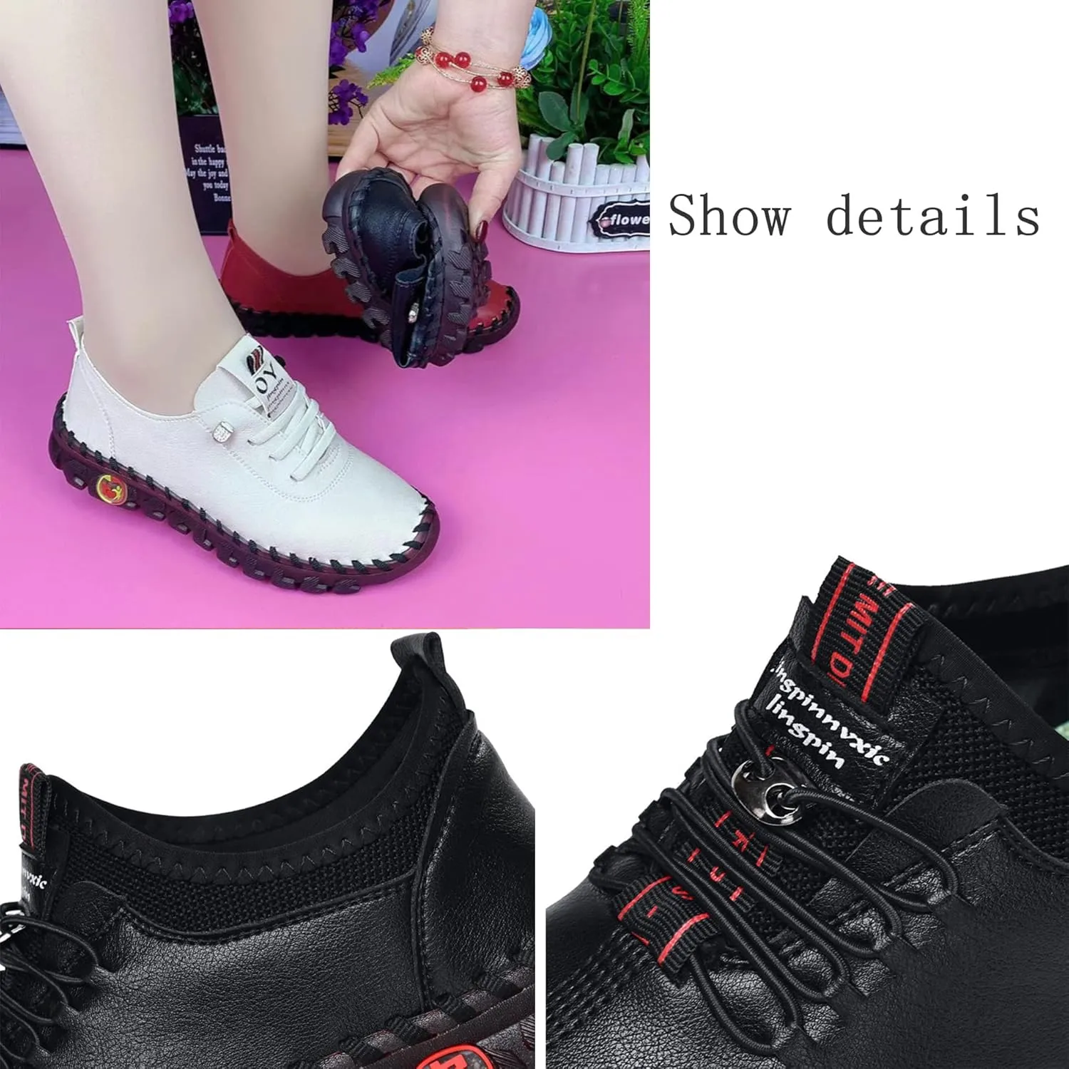 Tenacitee Women's Leather Soft Bottom Flat Shoes Handmade Beef Tendon Leisure Set of Feet Breathable Round Head Non-Slip Mom Loafers