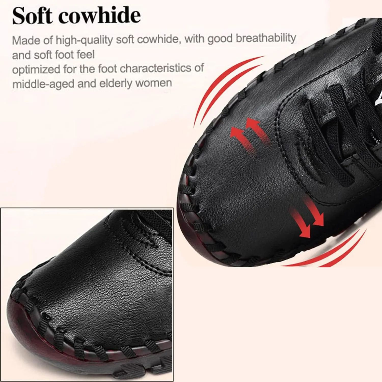 Tenacitee Women's Leather Soft Bottom Flat Shoes Handmade Beef Tendon Leisure Set of Feet Breathable Round Head Non-Slip Mom Loafers