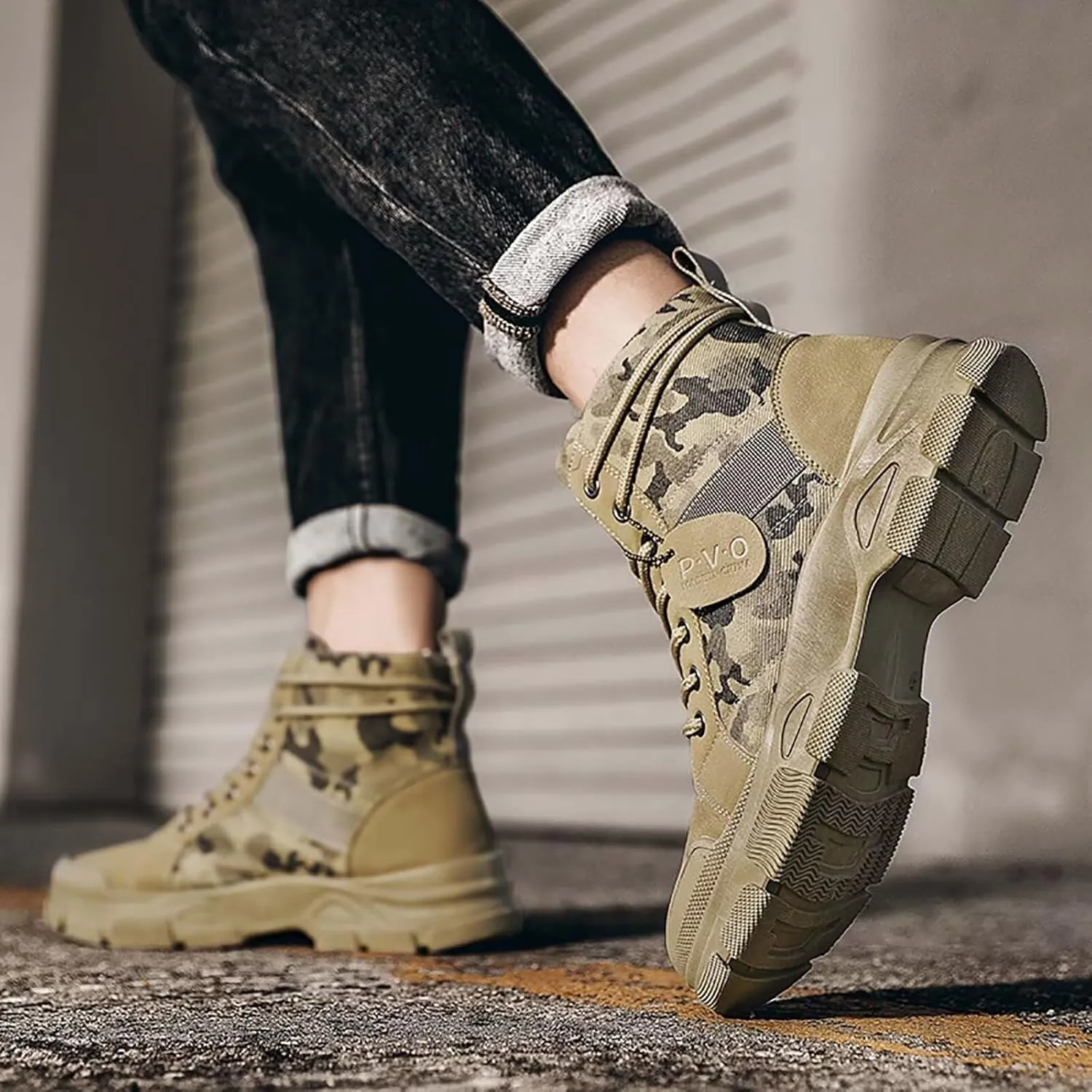 TERBOFIN Tactical Military Boots for Men Comfort Combat Boots Lightweight Camouflage High Top Canvas Boots with Soft Out-sole Thicker Heel for Casual Work Walking