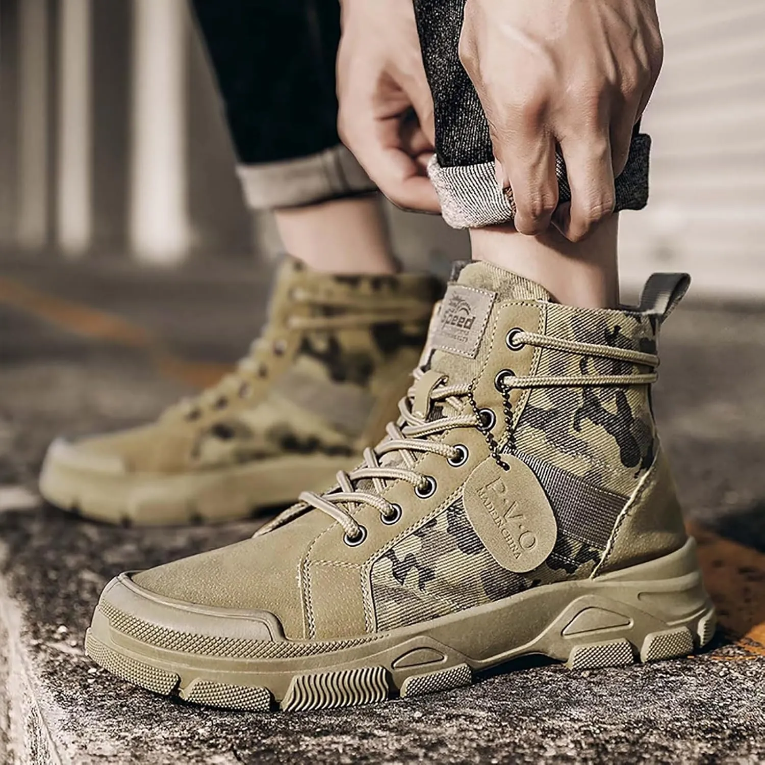 TERBOFIN Tactical Military Boots for Men Comfort Combat Boots Lightweight Camouflage High Top Canvas Boots with Soft Out-sole Thicker Heel for Casual Work Walking