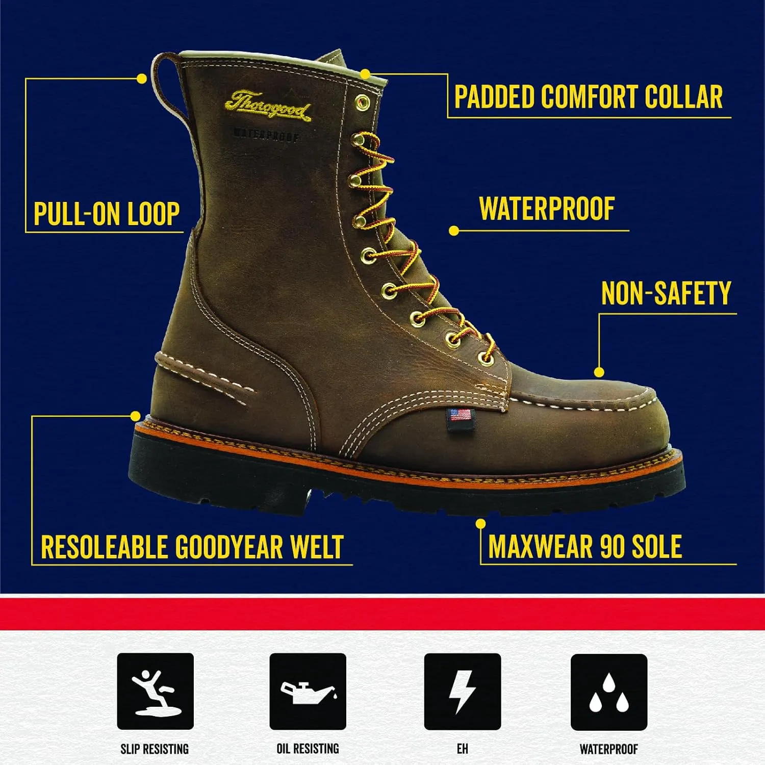 Thorogood 1957 Series 8” Waterproof Moc Toe Work Boots for Men - Soft Toe, Full-Grain Leather with Comfort Insole and Slip-Resistant Heel Outsole; EH Rated